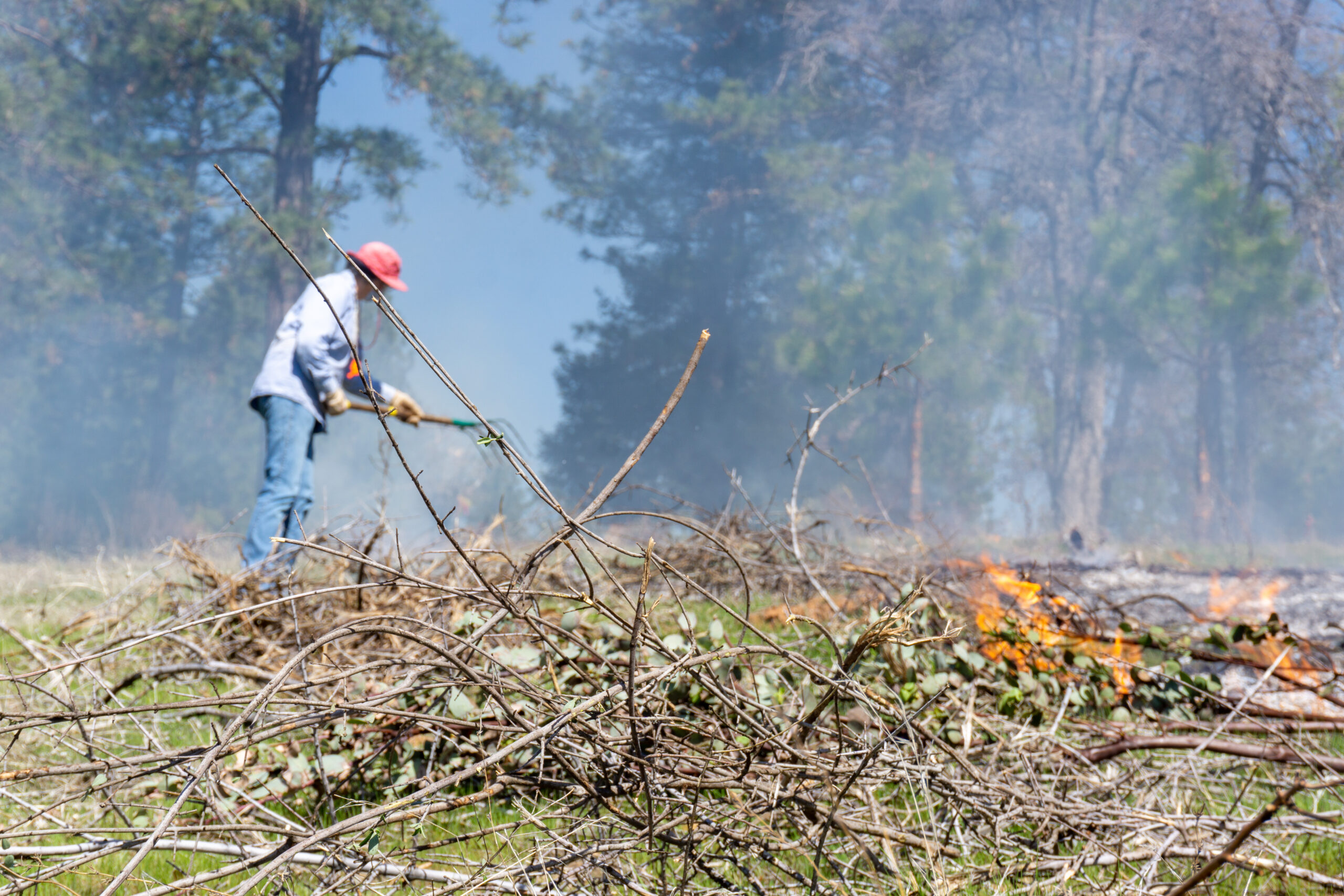 A person tending a prescribed burn in a clearing on a mountain ridge.